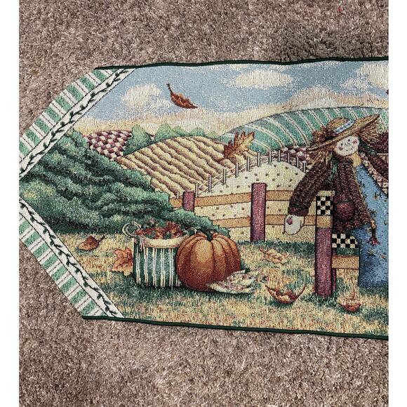 Vintage Debbie Mumm Tapestry Table Runner Tassels Farmhouse Fall Scarecrows - Picture 4 of 8